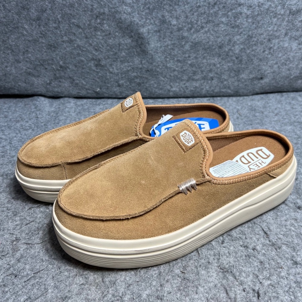 Hey Dude Austin Lift Classic Tan Suede Platform Mules Comfort Womens Size 10
